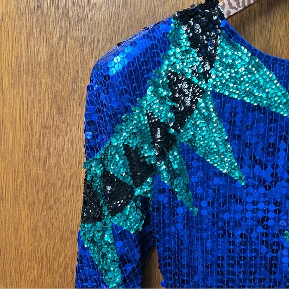 Vintage Long Sleeve Sequin Sunburst Mini Dress P Bodycon Blue Green - Picture 3 of 15